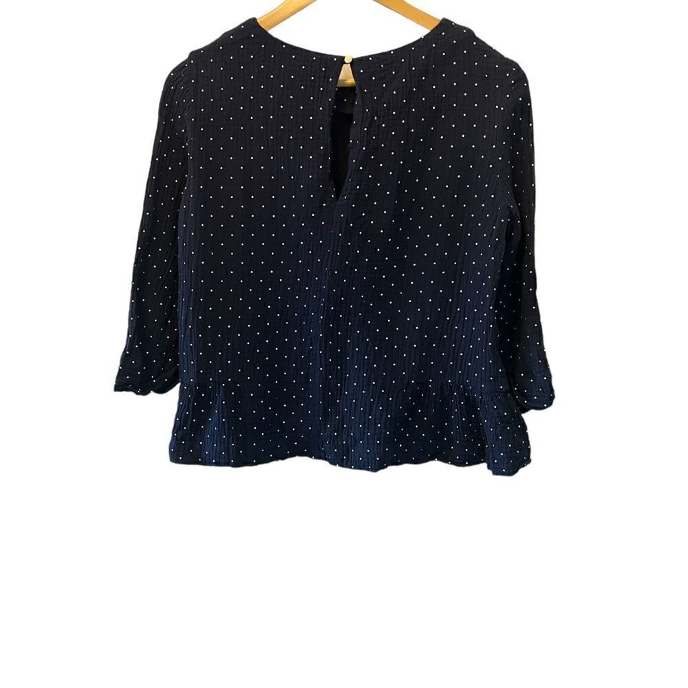Navy Polka Dot Ruffle Bottom 3/4 SleeveScoop Neck Top S/M - Picture 4 of 8
